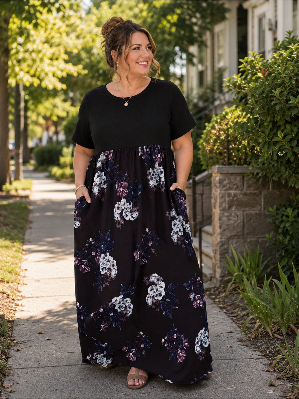 Kancystore Plus Size 4XL Black Floral Maxi Dress Pockets